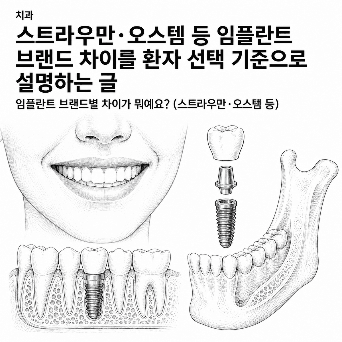 경남 치과 스트라우만·오스템 등 임플란트 브랜드 차이를 환자 선택 기준으로 설명하는 글 핵심 정보 이미지