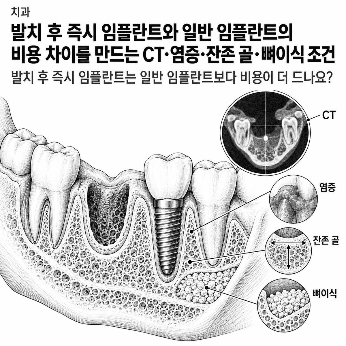 치과 발치 후 즉시 임플란트와 일반 임플란트의 비용 차이를 만드는 CT·염증·잔존 골·뼈이식 조건 핵심 정보 이미지